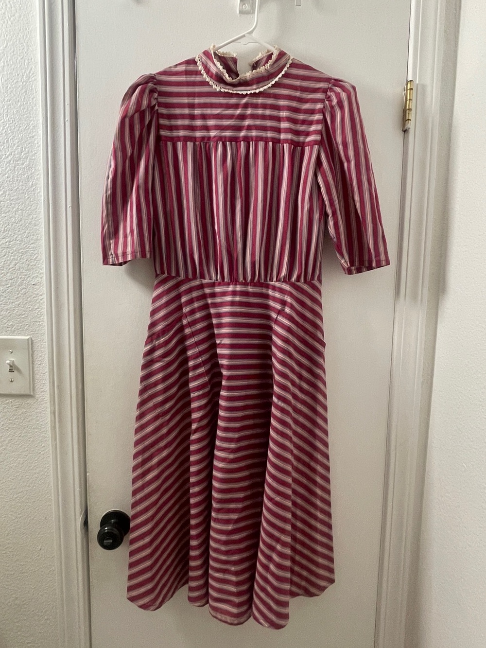 Vintage Pink and White Striped High Neckline Midi Prairie Dress